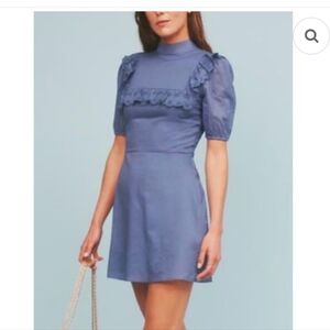 Reformation Blue Ruched Puff Sleeve Mini Dress